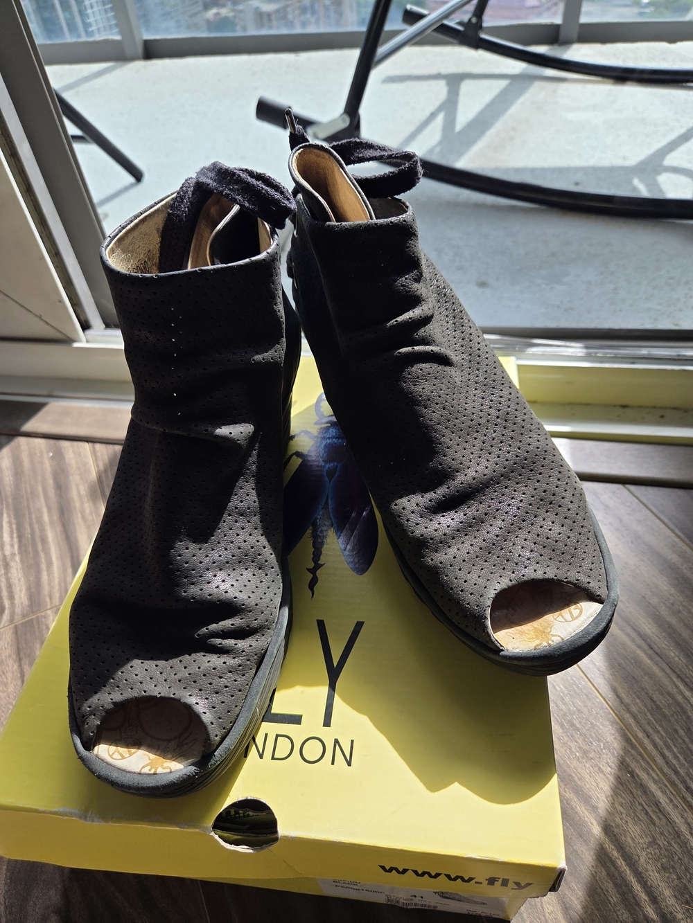 Fly London Black Perforated Open-Toe Suede Mule Boots